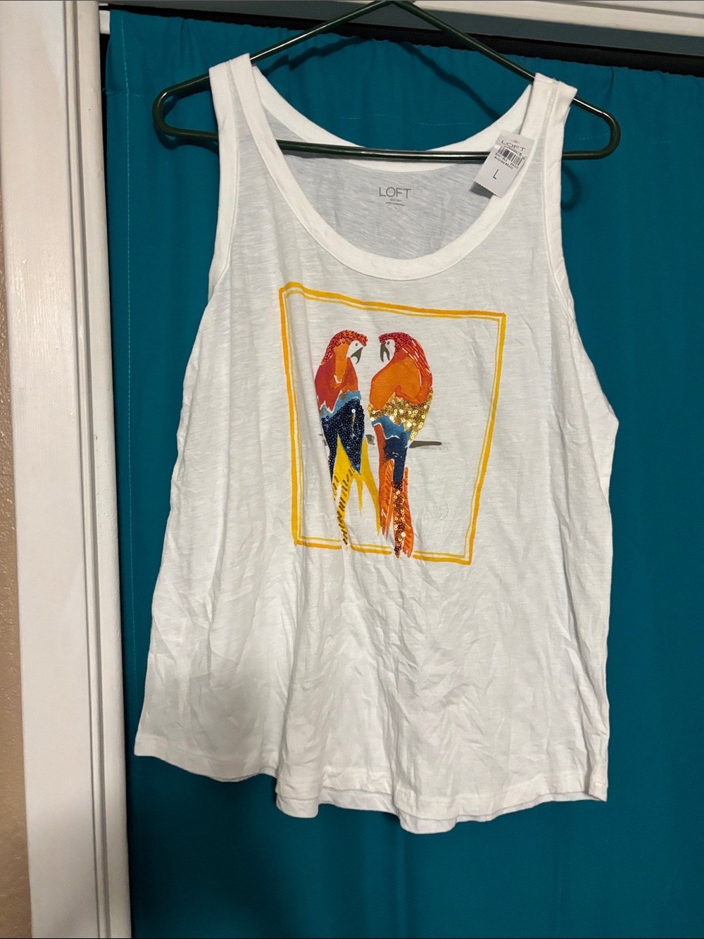 LOFT White Tank with Colorful Parrot Print